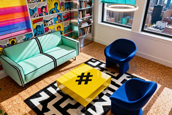 A vivid Pop Art living room features a mint sofa with black piping, two cobalt blue lounge chairs, and a glossy yellow square coffee table marked with a black hashtag on a black-and-white geometric rug. A comic-strip mural wall and stainless bookcase line one side; rainbow blinds and teal slats filter sun from large windows with city views, while cork flooring and a circular ring pendant complete the playful scene.