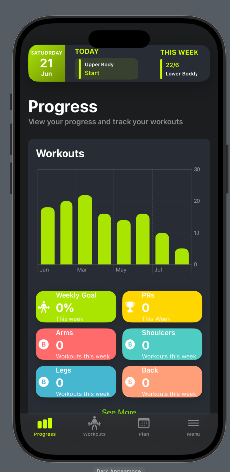 The image displays a mobile app interface for tracking workout progress in the gymbro iOS app.
