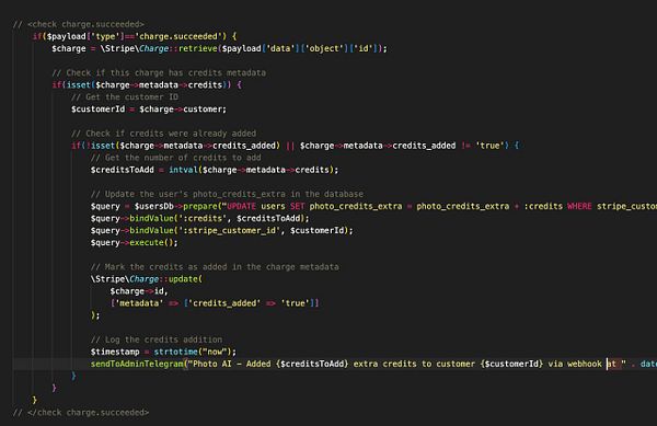 The image displays a code snippet for handling credit additions in a payment processing system.