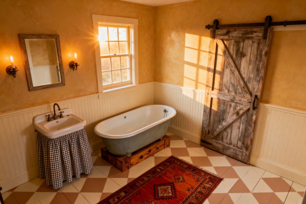 A farmhouse bathroom with warm ochre plaster walls above cream beadboard wainscoting is lit by late-afternoon sun through a divided-light window. A white porcelain wall sink with brass faucet and blue gingham skirt sits next to an oval enameled tub on a wood plinth; a weathered sliding barn door on a black iron track, a rustic wood-framed mirror, candle-style sconces, terracotta-and-cream diamond floor tiles, and a red patterned runner complete the space.