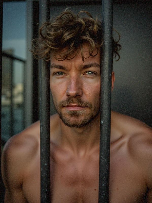 A close-up portrait of a man with curly hair, framed by metal bars.