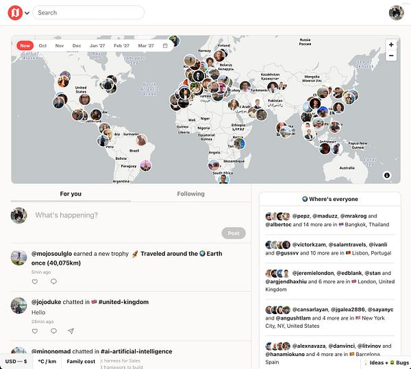 Screenshot of a webpage displaying a timeline as the homepage for members of Nomads, featuring posts by users and a sidebar menu.