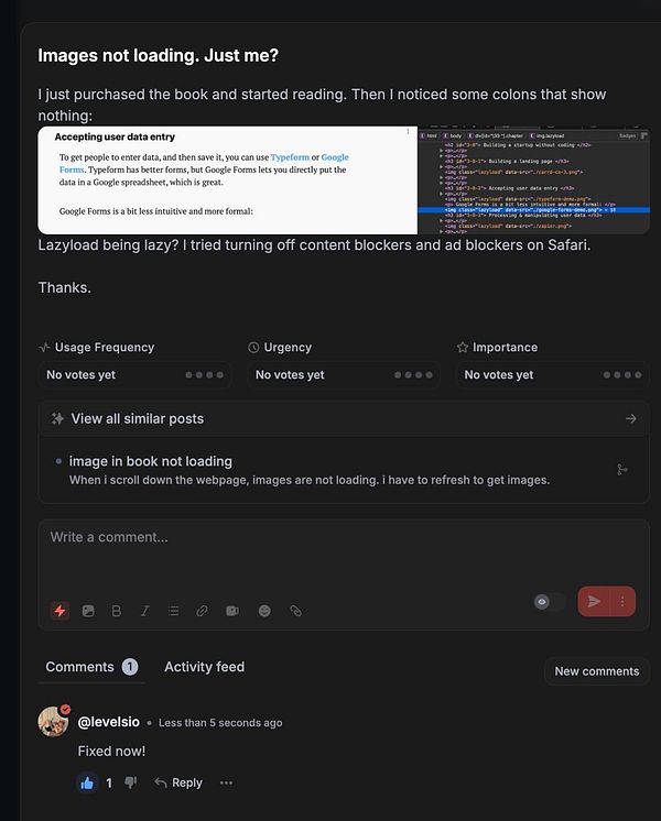 Screenshot of a webpage with broken image icons and a developer console showing a JavaScript error.