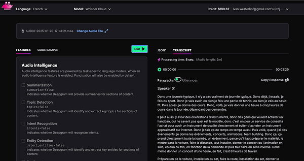 The image displays a user interface for audio transcription using the Whisper Cloud model.