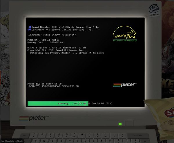 A retro computer screen displaying BIOS information and loading progress.