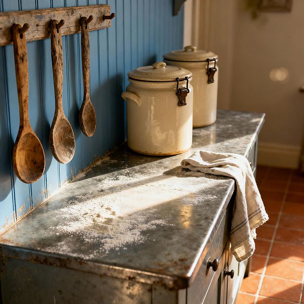 A farmhouse kitchen vignette shows a weathered zinc countertop dusted with flour, catching warm afternoon light. Against a vertical dusty-blue beadboard wall, a rustic wood peg rail holds three oversized wooden spoons. Two cream stoneware canisters with lids and dark metal clasps sit on the counter, while a striped linen towel drapes over the edge. In the background, terracotta floor tiles and soft shadows add warmth, emphasizing the well-used, handcrafted character of the space.