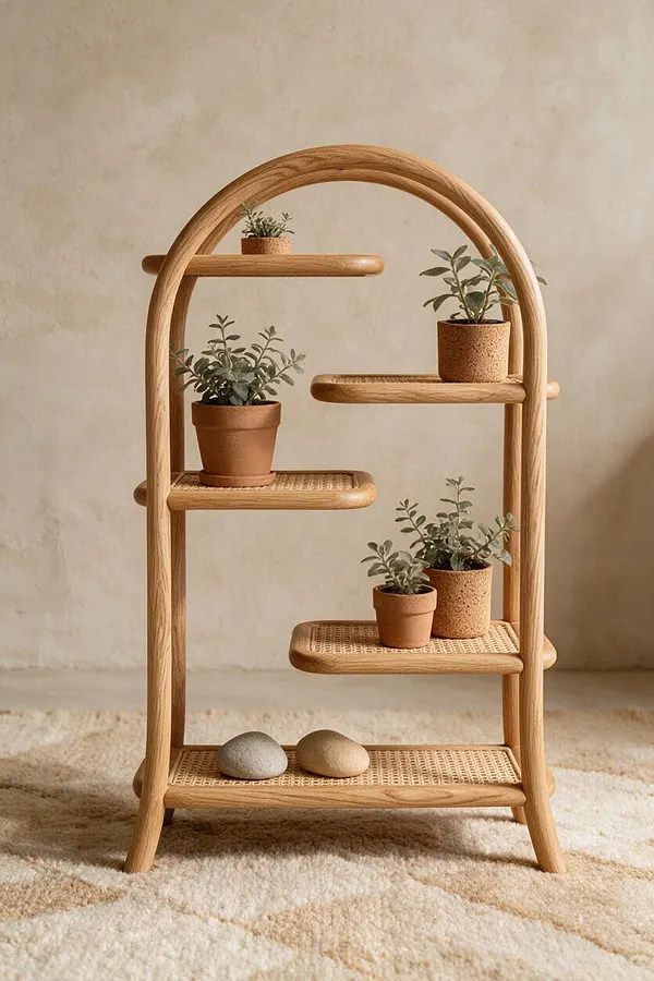 A tall arched wooden plant stand with four woven shelves holds several small potted plants and two smooth decorative stones on the bottom shelf. The piece sits against a soft beige wall on a light textured rug, creating a calm, natural biophilic display.
