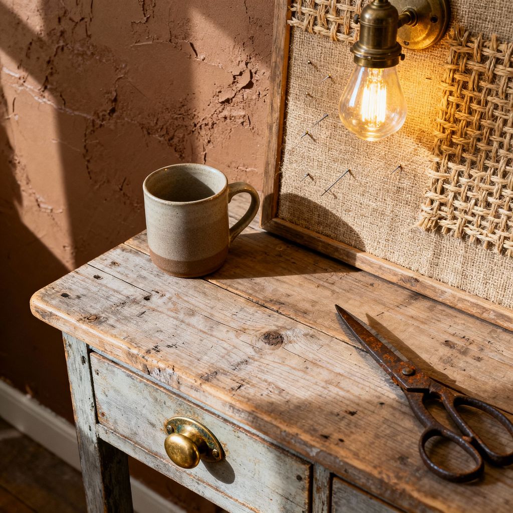 A close-up of a farmhouse home office vignette showing a weathered, reclaimed-wood desk with a brass cup pull. On the surface sit a two-tone stoneware mug and vintage iron scissors. A framed burlap pinboard rises behind the desk, fitted with an antique brass sconce and glowing exposed Edison bulb. The background is a rough terracotta plaster wall with sunlit shadows, creating a warm, rustic atmosphere.