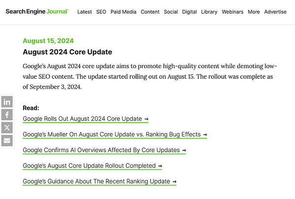 The image displays an article from Search Engine Journal about Google's August 2024 Core Update.