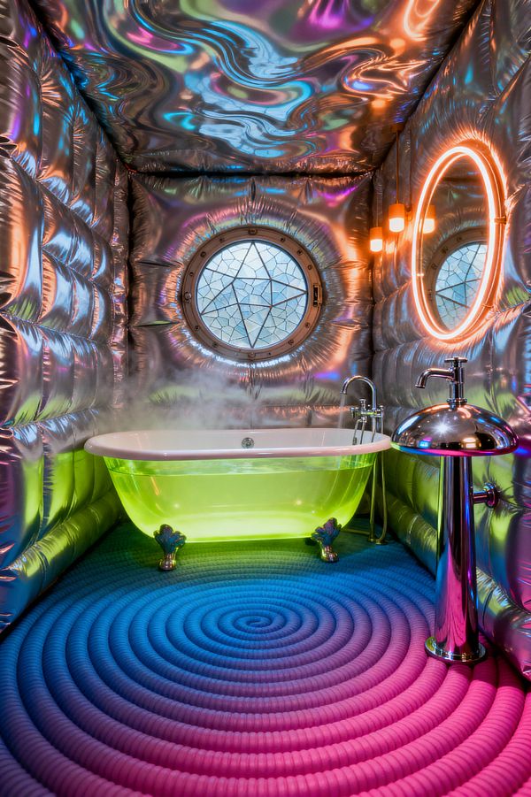 A small bathroom is wrapped in quilted, iridescent silver padding that reflects rainbow colors across the walls and ceiling. A translucent clawfoot tub glows neon green with steam rising, opposite a chrome pedestal sink and a circular mirror edged with a bright halo light; a warm three-bulb sconce and a round porthole window with frosted mosaic glass add contrast, while a coiled floor mat in a magenta-to-blue gradient spirals toward the tub.