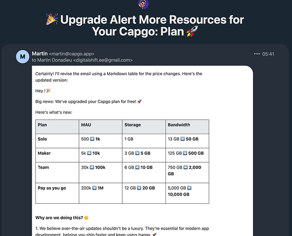 An email detailing an upgrade alert for the Capgo plan with updated resource allocations.