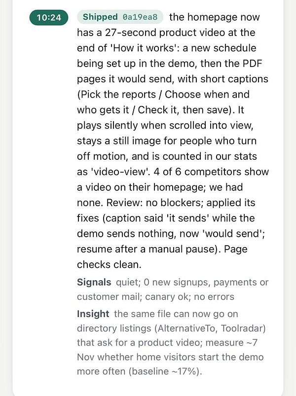 Text describing updates and review details about adding a 27-second product demo video to a homepage.