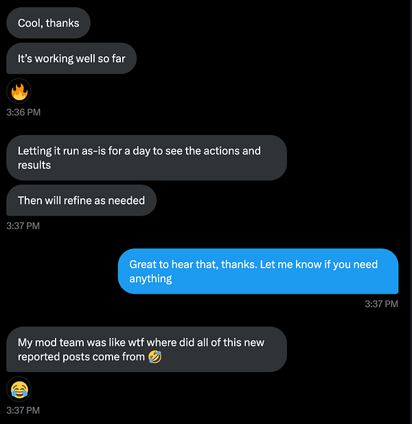 A conversation in a messaging app discussing feedback and results from a new customer.