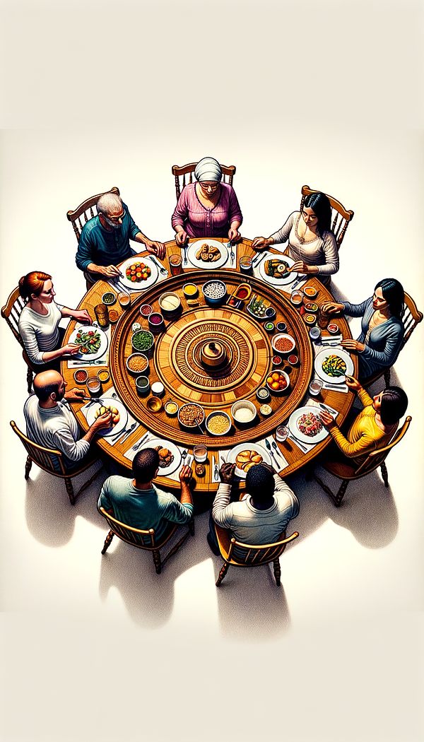 A wooden Lazy Susan placed at the center of a round dining table, filled with various condiments and dishes, with people seated around the table.