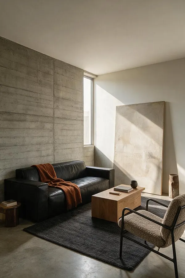 A Brutalist living room with a dark leather sofa against a raw concrete wall, a low wood coffee table, and a textured accent chair on a charcoal rug. Sunlight streams through a tall narrow window, highlighting a large leaning canvas and a muted, earthy palette.