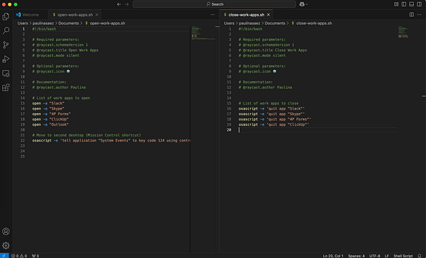The image displays two bash scripts for managing work applications using Raycast.