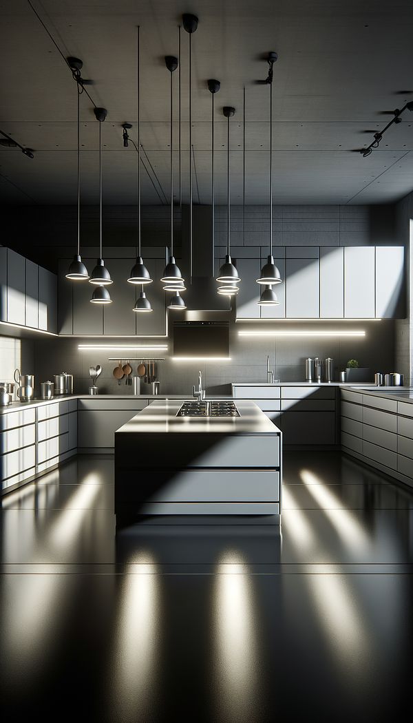 An image of a modern kitchen with direct lighting fixtures installed over the countertops illuminating the work surfaces, highlighting the contrast between the illuminated and shadowed areas.