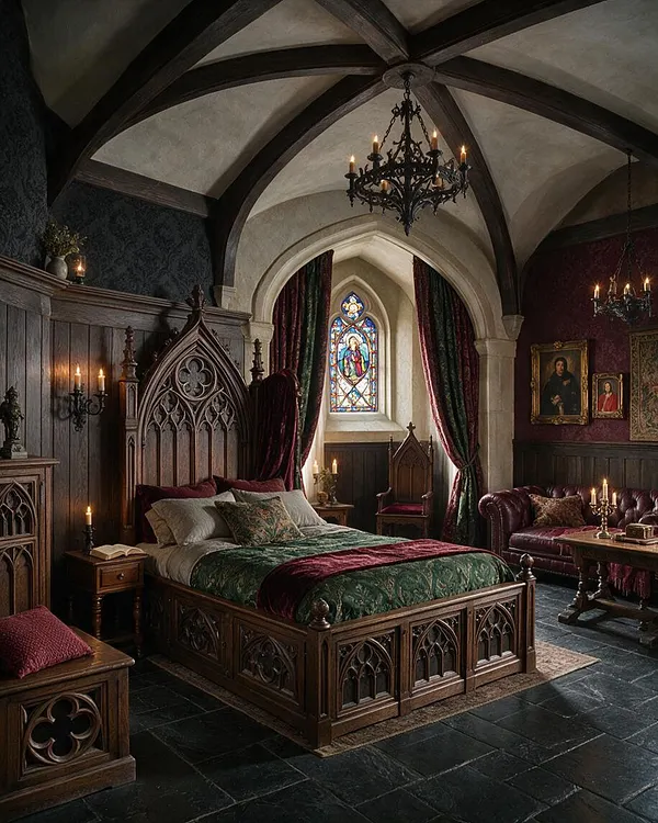 A dramatic Gothic basement bedroom with pointed arched vaulted ceilings, dark wood beams, and a carved wooden bed centered beneath a stained-glass window. Burgundy velvet seating, dark stone flooring, wrought-iron chandeliers, and candlelit wall sconces create a moody medieval atmosphere.