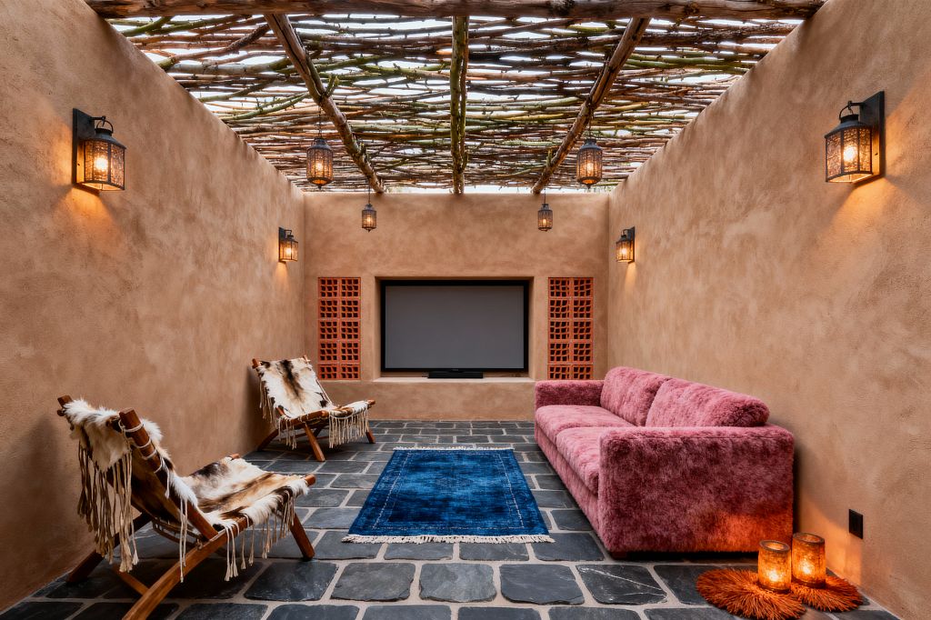 A long media room with adobe-textured tan walls features a built-in TV niche centered on the far wall, flanked by terracotta lattice blocks. On the right is a plush pink sofa; on the left are two wooden sling chairs with cowhide seats. A deep blue rug sits on a charcoal slate floor. Overhead, a pergola of rough wood branches filters daylight while hanging lanterns and wall sconces cast a warm amber glow; two candles rest in the near right corner.