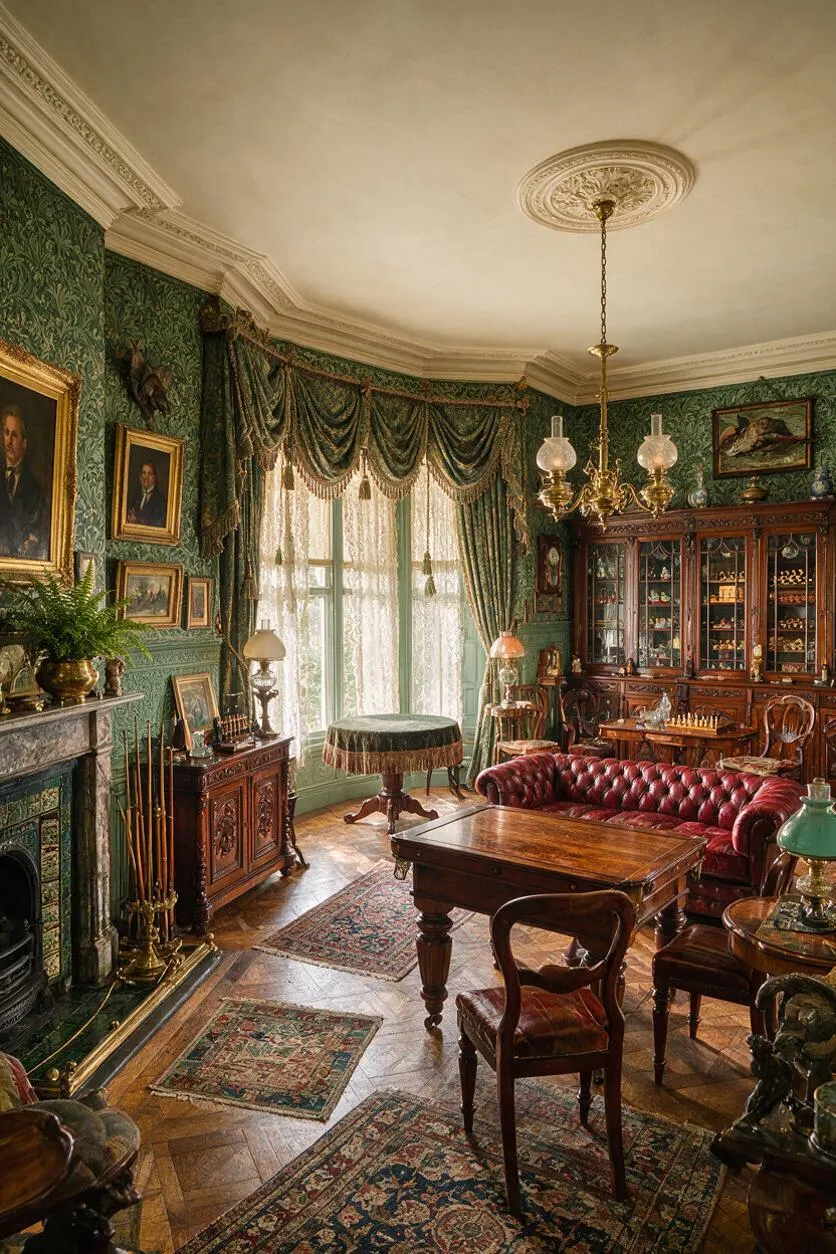 A richly decorated Victorian game room with dark green patterned wallpaper, heavy green drapery framing a tall window, and ornate carved wood furniture. The room includes a red tufted leather sofa, a wooden game table, a glass-front cabinet, framed portraits, a marble fireplace, patterned rugs, and a brass chandelier.