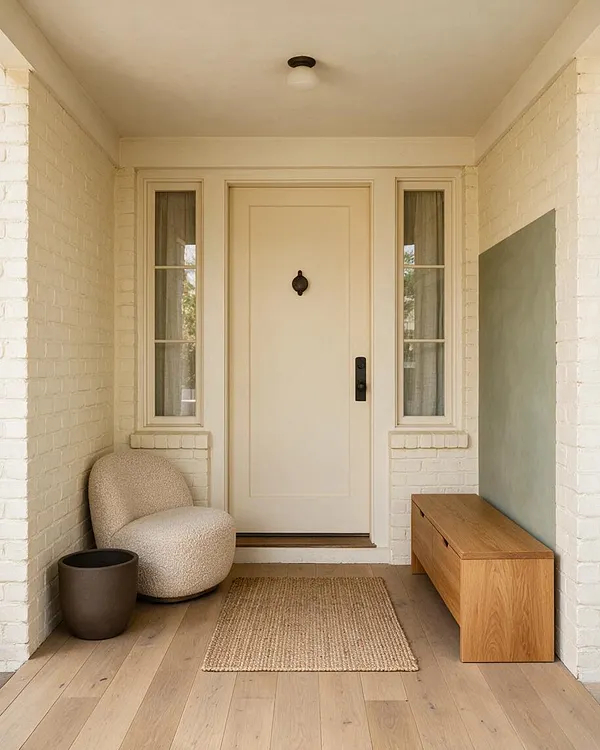A compact front porch with white painted brick walls, a cream front door flanked by narrow windows, and warm wood flooring. The space includes a textured boucle chair, a small dark planter, a woven jute rug, and a low oak bench, all in soft neutral tones.