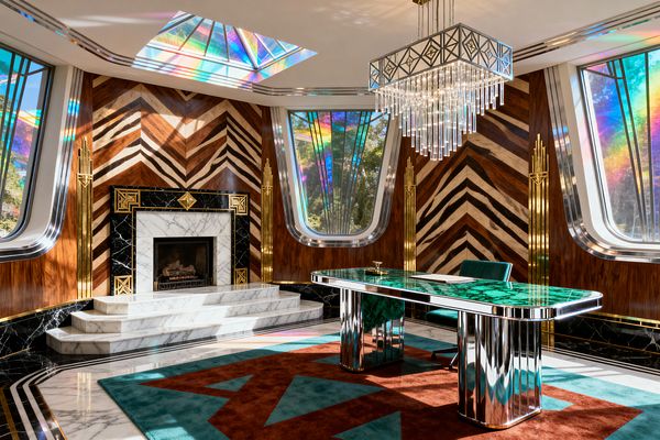 An Art Deco home office with chevron-patterned wood walls, a stepped white-marble fireplace framed in black marble with brass accents, and large curved windows plus a skylight that cast rainbow reflections. At center is a rounded desk with a green, malachite-like top and mirrored chrome legs, paired with a deep green chair. A tiered crystal chandelier and fluted brass sconces provide lighting. The floor is polished marble with a teal and rust geometric rug.