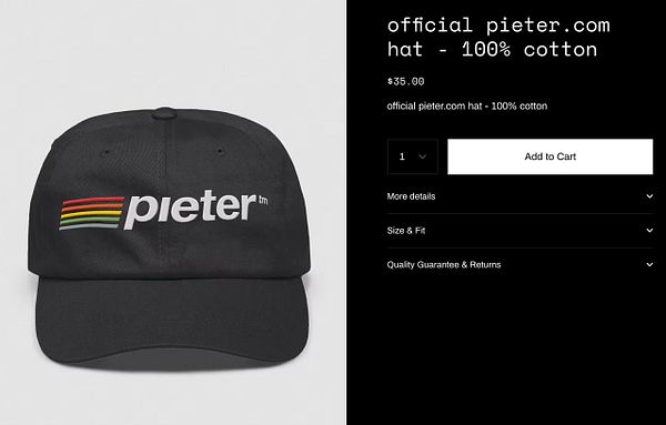 A black baseball cap featuring the 'pieter' logo is displayed alongside a product purchase interface.