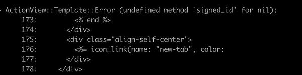 The image displays a code snippet showing an error message related to a missing method in a Ruby on Rails application.