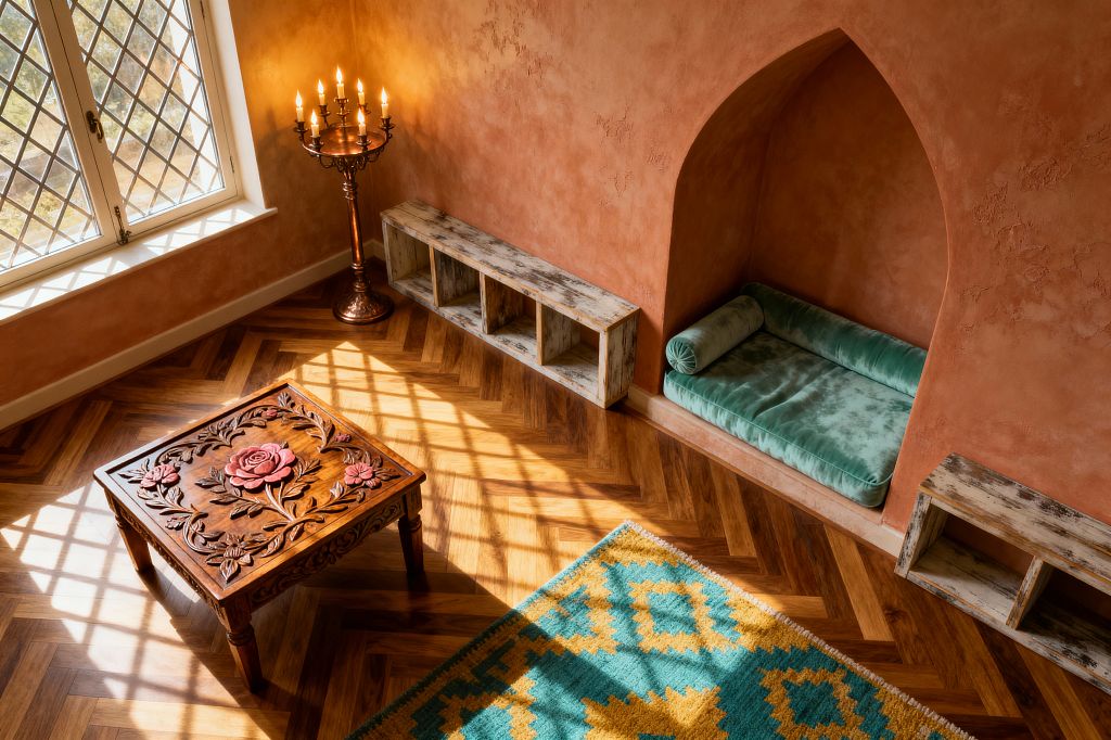 A children’s room with terracotta plaster walls includes a pointed-arch wall alcove fitted with a teal velvet daybed and bolster pillows, flanked by low whitewashed cubby shelves. A bronze candelabra-style floor lamp stands near diamond-paned leaded windows that cast lattice shadows over oak herringbone parquet. A low carved wood table with a rose motif and a teal-and-mustard patterned rug complete the play area.