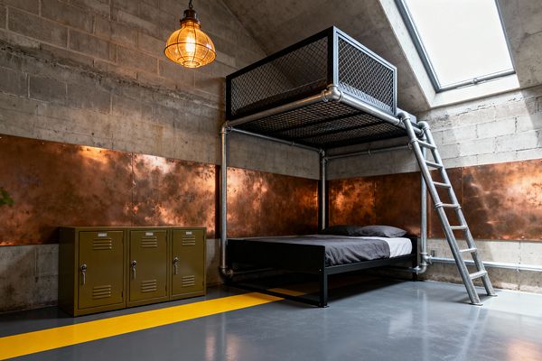 An industrial kids’ bedroom with concrete block walls features a band of mottled copper panels. A loft platform made of galvanized pipes and black wire mesh stands over a black steel twin bed with charcoal linens, reached by a metal ladder. Three olive-green metal lockers line the left wall on a gray epoxy floor with a bold yellow stripe. A caged pendant glows warmly while a large skylight brings in abundant daylight.