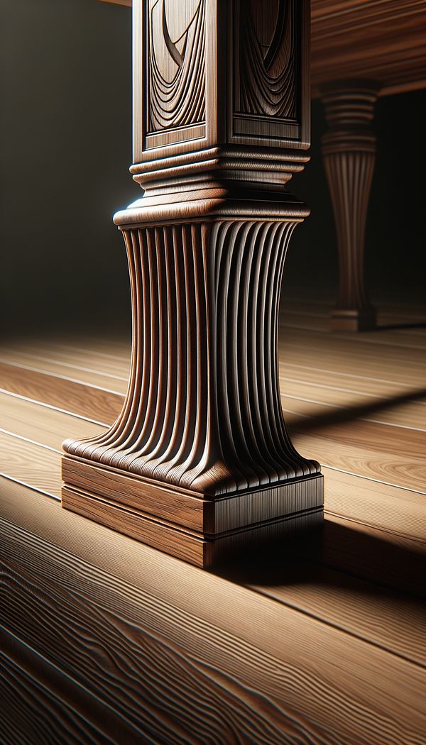 A close-up photo of a wooden table leg with reeded detailing, showing the parallel grooves carved into the wood surface.