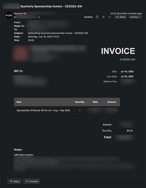 The image displays a quarterly sponsorship invoice for Remote OK.