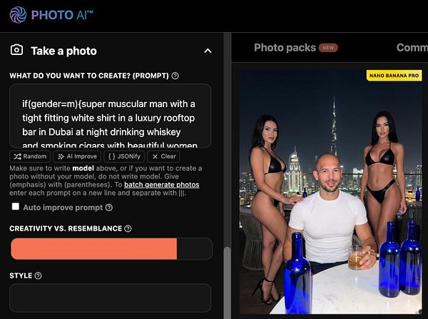 Photograph of Andrew Tate in a luxurious Dubai setting, drinking whisky and smoking cigars at night.