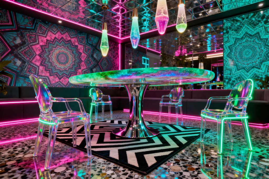 A vibrant dining room features a round iridescent resin table on a polished chrome pedestal, surrounded by transparent acrylic chairs over a black-and-white chevron rug and terrazzo floor. Kaleidoscopic mandala murals in teal and magenta span the walls, neon pink LED strips trace the room, mirrored ceiling tiles reflect the glow, and elongated gradient glass pendants cast cyan, green, and fuchsia light, creating a saturated, psychedelic atmosphere.