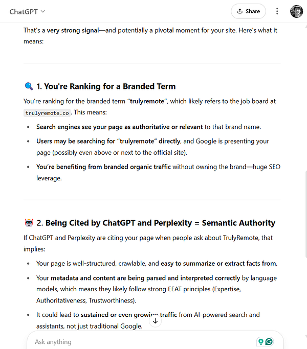 The image displays a ChatGPT interface discussing the significance of ranking for a branded term and being cited by AI models.
