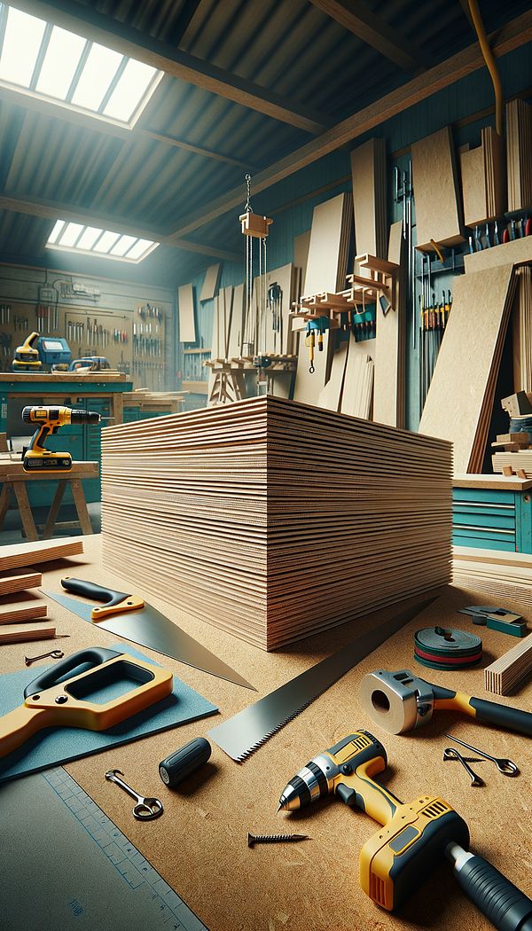 A stack of medium density fiberboard (MDF) sheets in a workshop, with woodworking tools and safety equipment in the background.