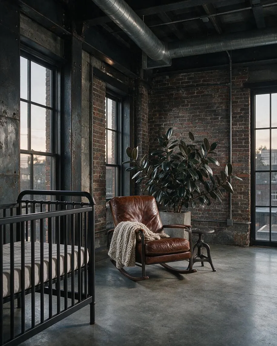 An industrial nursery with exposed brick walls, tall black-framed windows, and visible metal ductwork overhead. A black crib sits beside a brown leather rocking chair with a chunky knit throw, a potted plant, and a small round side table on a concrete floor.