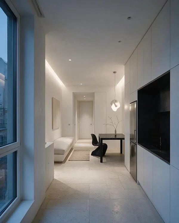 A narrow minimalist studio apartment with white walls, pale stone flooring, and a long built-in wall of cabinetry on the right. A black dining table with a sculptural pendant light sits beside a low white sofa, while a large window on the left brings in cool natural light.