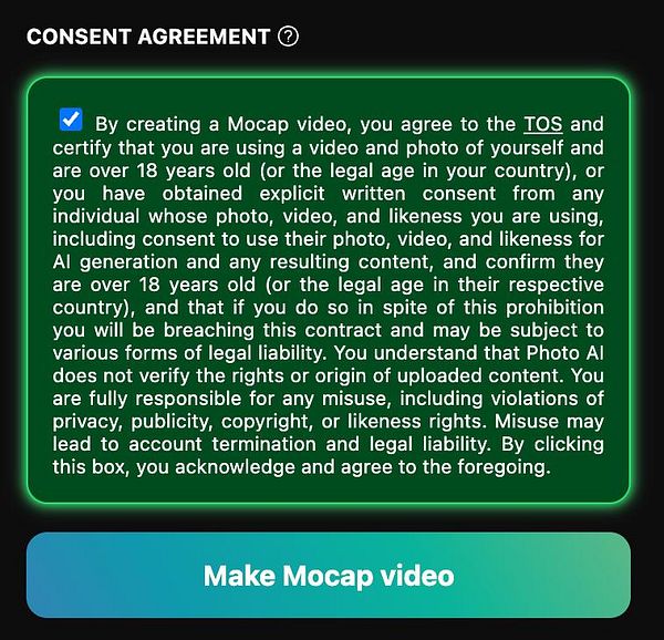 Screenshot of a webpage interface showing settings for privacy and consent options related to the Mocap feature.