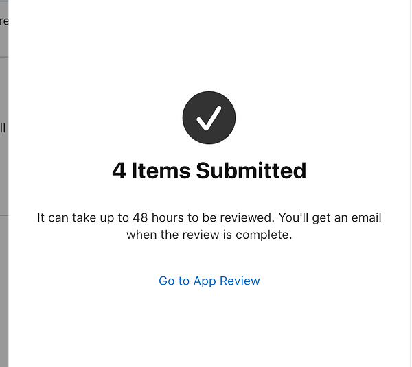 Confirmation screen stating 4 items have been submitted for app review with review time and email notification details.