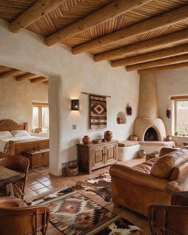 A cozy Southwestern studio apartment with exposed round wood beams, adobe-style plaster walls, terracotta tile floors, and a sculpted fireplace. The space includes a wooden bed, carved cabinet, leather sofa, woven rugs, and pottery accents in warm earth tones.