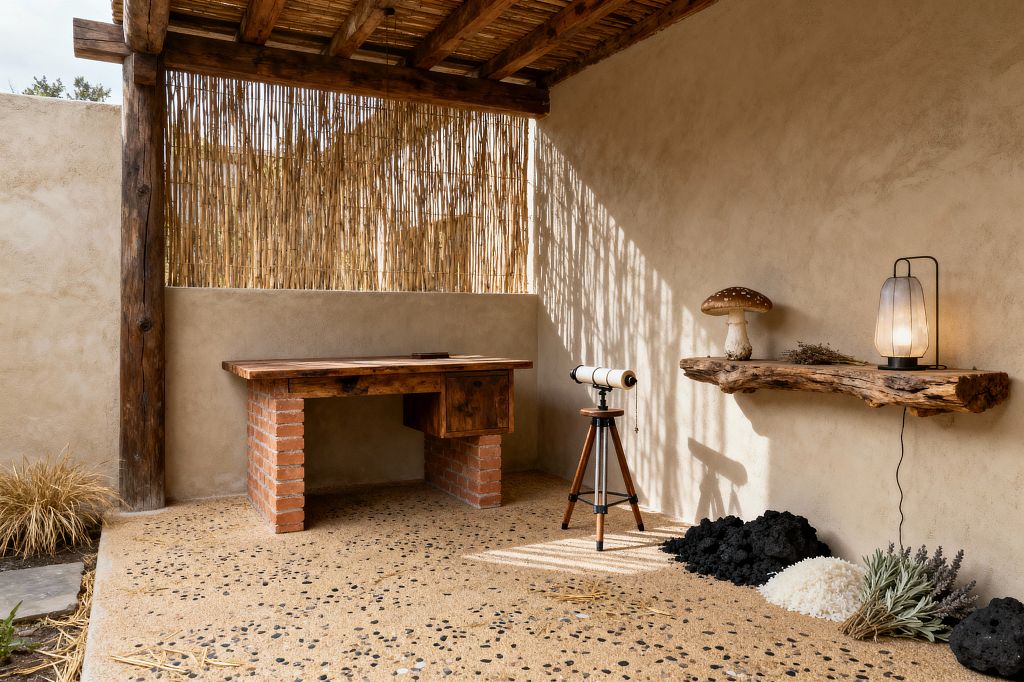 An open-air home office sits under a timber-and-reed roof with lime-plastered walls, featuring a rustic wood desk supported by two brick piers. A live-edge floating shelf holds a softly glowing lantern and a mushroom ornament, while a wooden tripod telescope stands on a sand-colored pebble-aggregate floor; bamboo screening casts striped shadows across the space, accented by tufts of dried grasses, black volcanic rock, white pebbles, and sprigs of herbs for an earthy, minimalist mood.