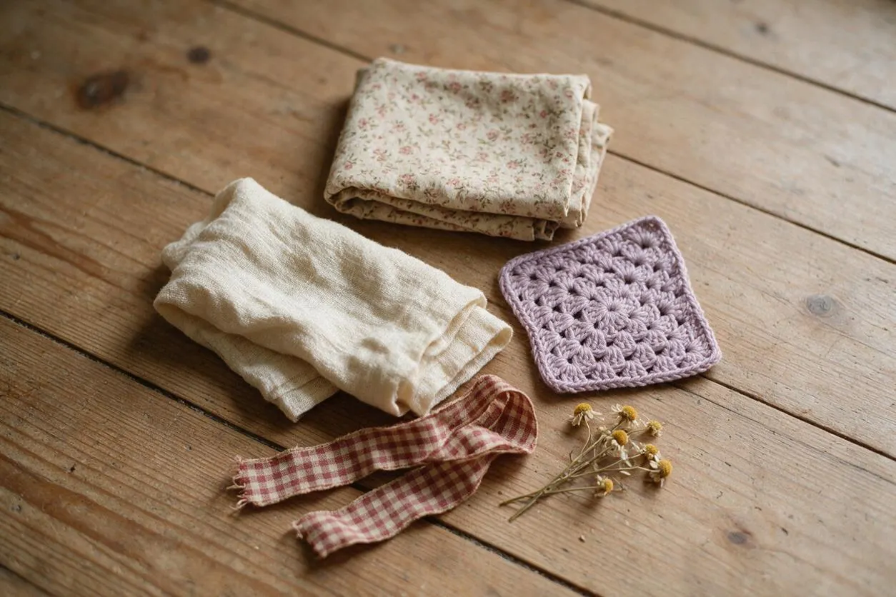 A flat lay of cottagecore materials arranged on a rustic wooden surface, including folded floral cotton fabric, cream linen, a lavender crocheted square, a red gingham ribbon, and a small sprig of dried flowers. The warm wood grain and muted colors create a cozy handmade feel.