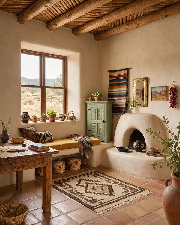 A Southwestern-style front porch with smooth adobe walls, exposed round wood ceiling beams, and terracotta tile flooring. The space includes a built-in bench with mustard cushions, a rustic carved wood table, a small green cabinet, woven textiles, potted plants, and a rounded adobe fireplace niche.