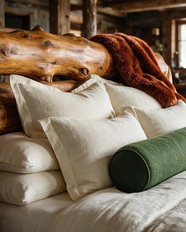 A cozy rustic bedroom corner features a carved log headboard made from natural wood, layered with cream linen pillows and bedding. A rust-colored throw and a moss green bolster add rich contrast against the warm timber interior.