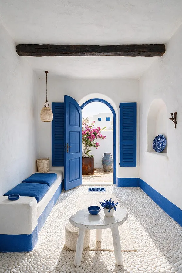 A small Mediterranean-style backyard seating area with white stucco walls, a blue arched doorway, matching blue shutters, and a pebble floor. A rustic wooden beam crosses the ceiling, while a simple white table, woven stool, and blue cushions create a calm, sunlit outdoor retreat.