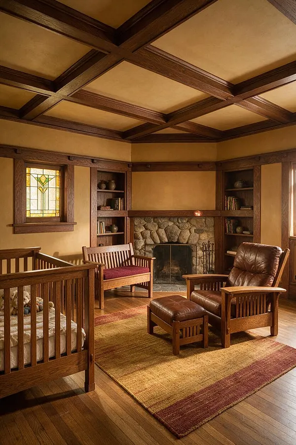 A Craftsman-style nursery with a wooden crib, leather glider and ottoman, a small wooden bench, and built-in shelving around a stone fireplace. The room features a coffered wood ceiling, warm tan walls, hardwood floors, a stained-glass window, and a neutral woven rug in earthy tones.