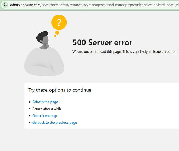 Screenshot of a booking extranet interface showing a bug message 'Sorry, you do not have rights to this villa', with input fields for villa ID and booking data date range.