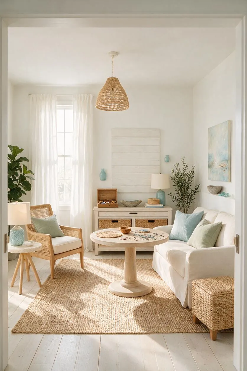 A bright coastal-style game room with white walls, sheer curtains, and a woven pendant light. The space includes a white sofa, wicker armchair, round pedestal game table, jute rug, woven ottoman, and soft blue-green accents for a relaxed seaside feel.