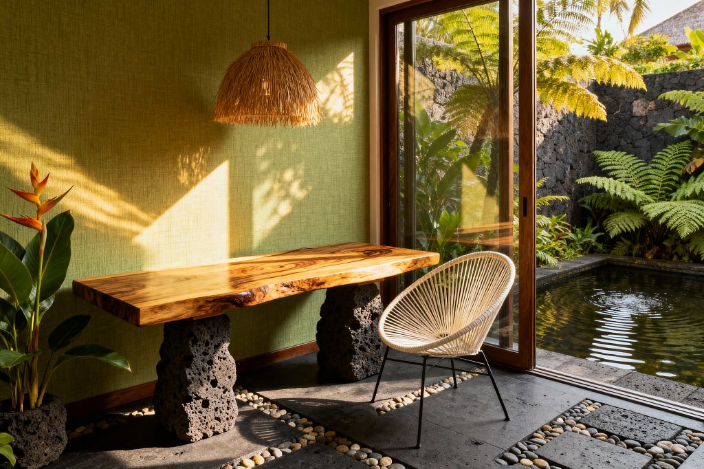 A tropical home office features a live-edge teak desk on two chunky lava-stone bases before an olive-green textured wall. A woven rattan dome pendant hangs above, and a white cord chair with black metal legs sits on basalt tiles with river-pebble inlays. A wood-framed sliding glass door opens to a small pond bordered by volcanic rock and dense ferns, filling the room with warm sunlight and reflections.